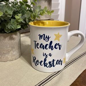 Love Your Mug “ My Teacher is a Rockstar” Coffee Mug. Blue /Yellow/White  EUC